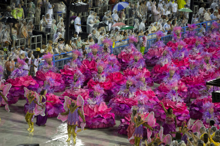 Rio de Janeiro, Brazil - February 15, 2015: Samba school Mangueira in his presentation show at Sambodrome, Rio de Janeiro carnival. This is one of the most waited big event in town and attracts thousands of tourists from all over the world. The parade is happenning in two consecutive days and the samba schools are always trying their best to impress the judges.